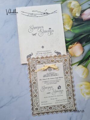 Semi Box White And golden Hindu Muslim Christian y Sikh invitation Cards ATS-1617B