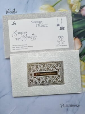 Semi Box White And golden Hindu Padded invitation Cards ATS-1243