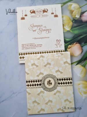 Semi Box White And golden Hindu Padded invitation Cards ATS-1251
