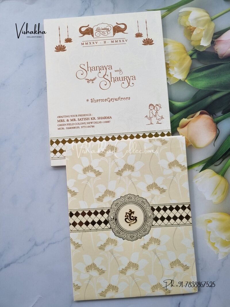 Semi Box White And golden Hindu Padded invitation Cards ATS-1251