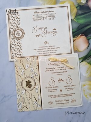 Semi Box White And golden Hindu invitation Cards ATS-1607