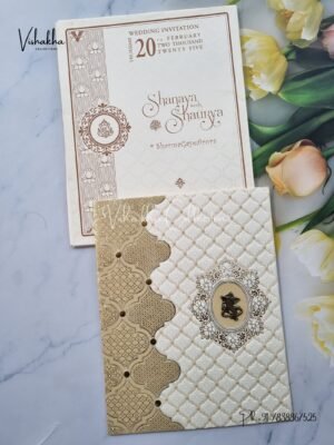 Semi Box White And golden Hindu invitation Cards ATS-1620