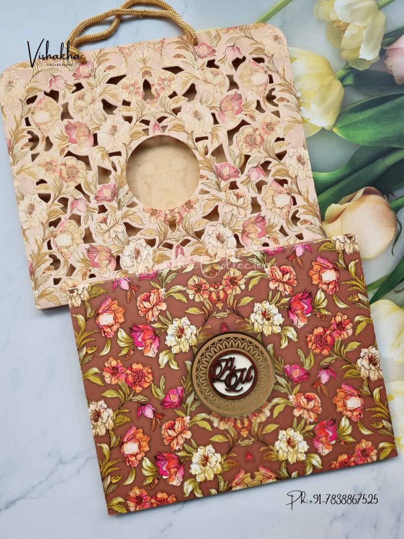 Unique Concept Semi Box Flower Themed Hindu Wedding Muslim Wedding Christian Wedding Sikh Wedding Padded Wedding Laser Cut Wedding Exclusive Wedding Boxes Carry Bag Style Wedding Unique Color Wedding invitation Cards - LN-656
