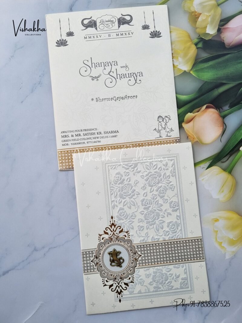 White And golden Hindu invitation Cards ATS-1626