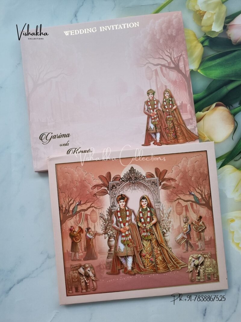 Barat Semi Box Hathi Dulah Dulhan Hindu Sikh Padded invitation Cards EX-728