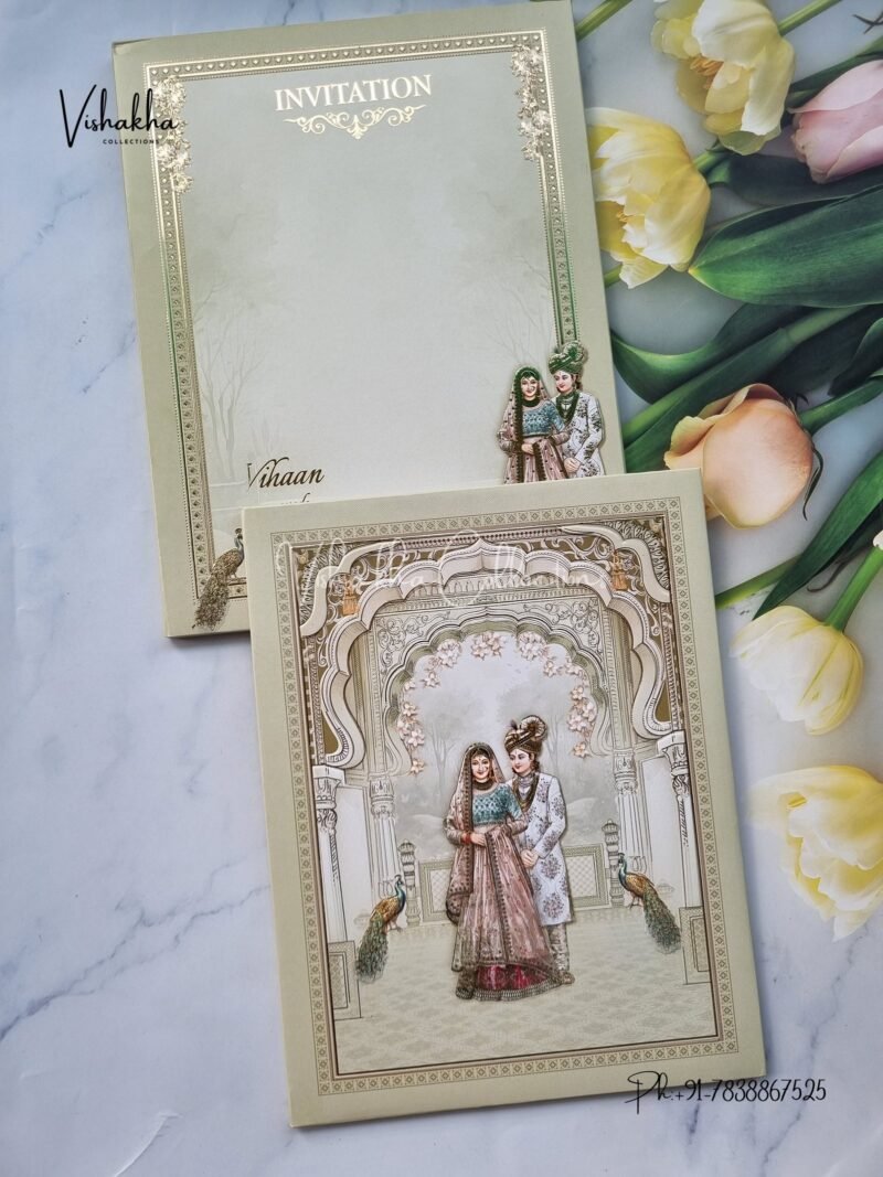 Peacock Semi Box Dulah Dulhan Hindu Muslim Christian Jain Sikh Padded invitation Cards WD-9047