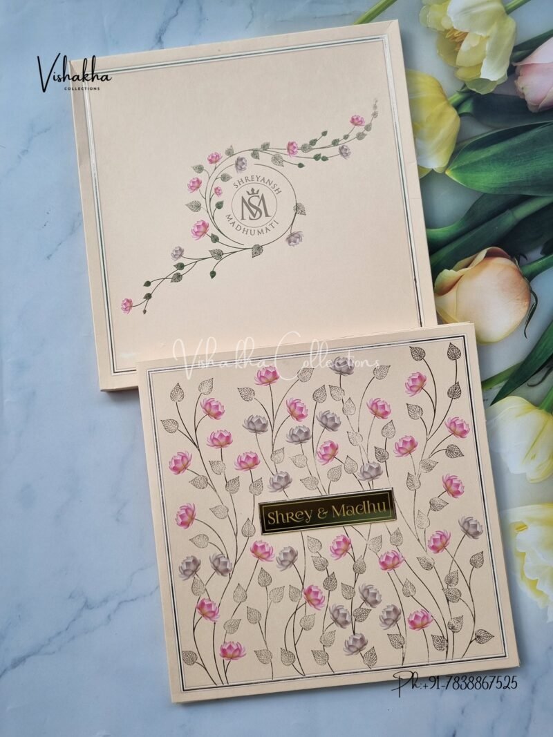 Semi Box Flower Hindu Muslim Christian Sikh With Emblem invitation Cards CH-1913