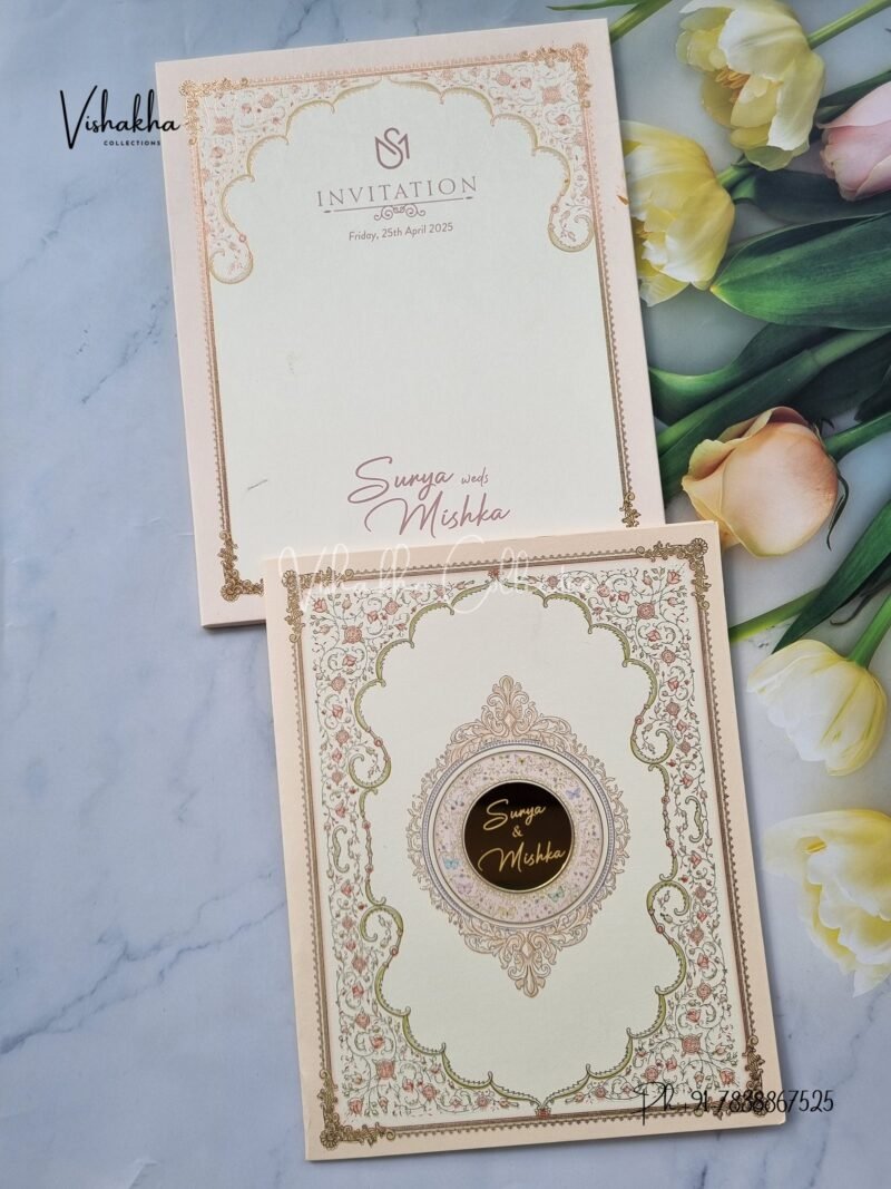 Semi Box Flower Hindu Muslim Christian Sikh With Emblem invitation Cards CH-1915