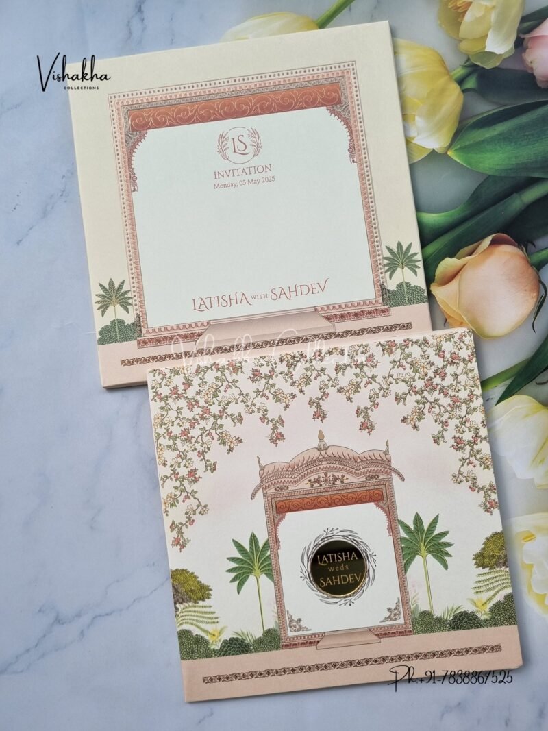 Semi Box Flower Hindu Muslim Christian Sikh With Emblem invitation Cards CH-1920