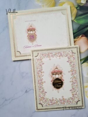 Semi Box Flower Hindu Muslim Sikh With Emblem invitation Cards CH-1930