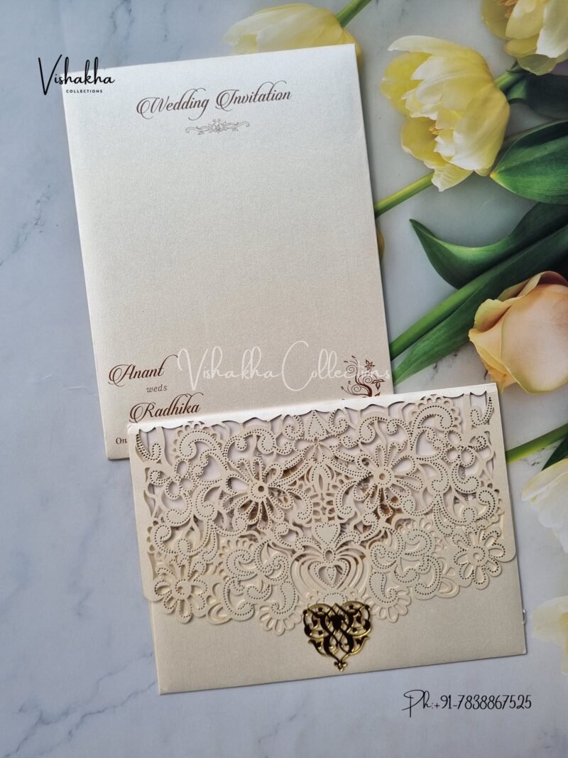 SN-2801 White & Golden Laser Cut Wedding Invitation Card