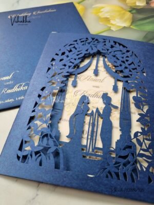 Unique Dulha Dulhan Laser Cut invitation Cards Blue