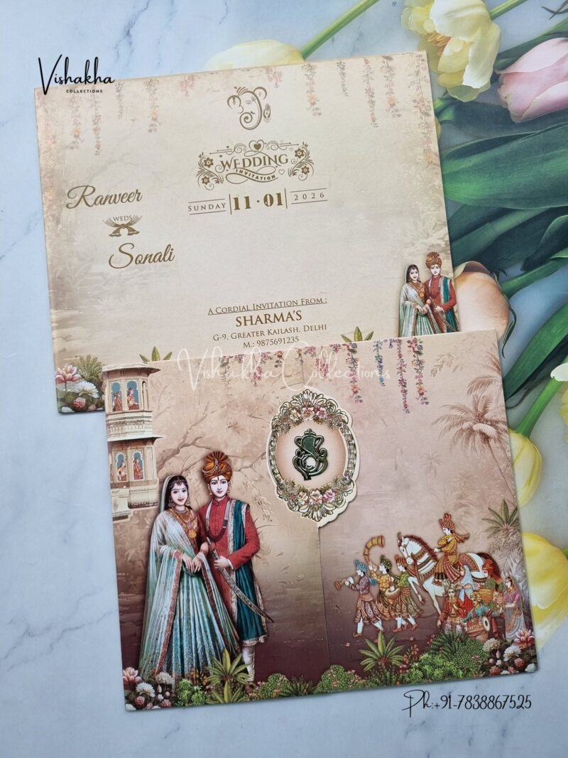 Barat Dulah Dulhan Double Door Hindu Green And Brown Colored wedding invitation Cards NA-1125-163