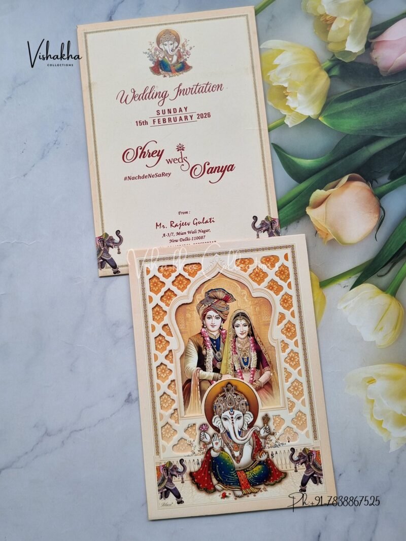 Barat Ganesh Ji Dulah Dulhan Hindu Light Orange Colored wedding invitation Cards NA-1125-26