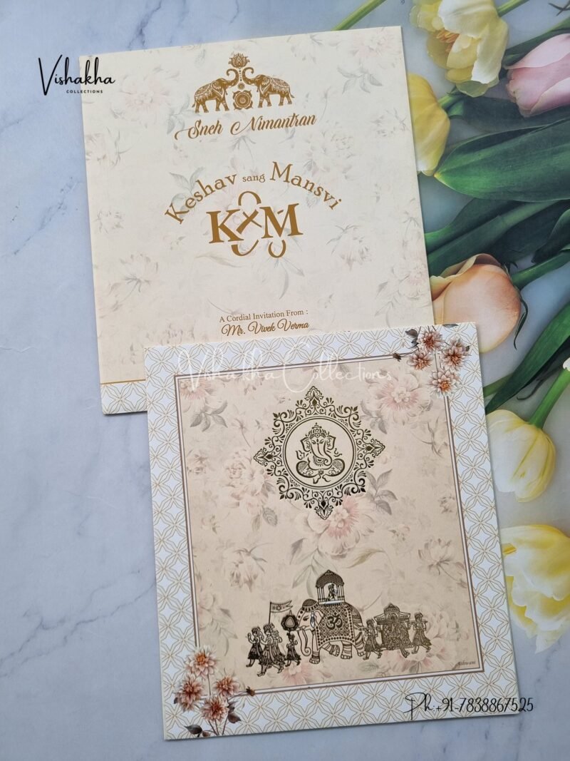 Barat Ganesh Ji Flower Hindu Light Yellow Colored wedding invitation Cards NA-1125-155