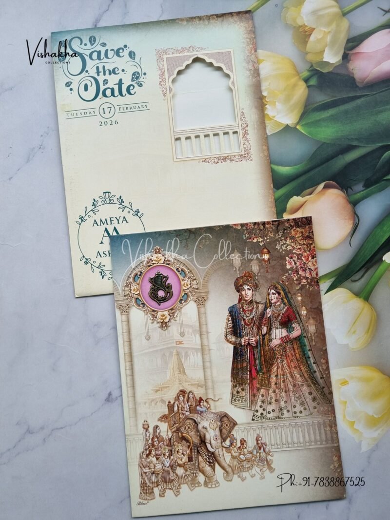 Barat Hathi Dulah Dulhan Hindu Light Blue Colored wedding invitation Cards NA-1125-41