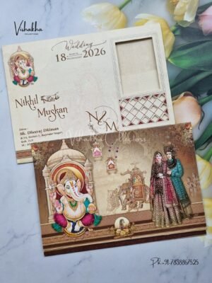 Barat Hathi Ganesh Ji Dulah Dulhan Hindu Brown Colored wedding invitation Cards NA-1125-71