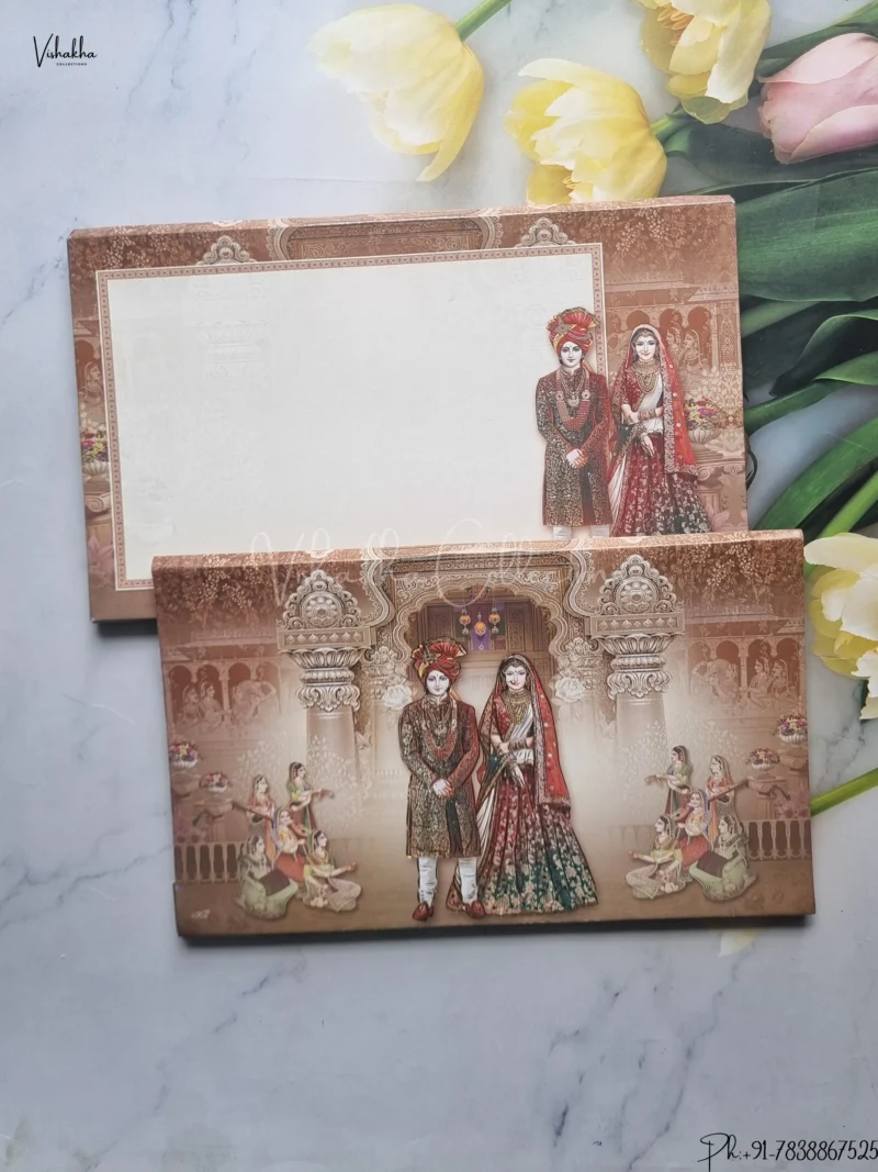 Barat Semi Box Dulah Dulhan Hindu Brown And Mulricolor Colored wedding invitation Cards GS-4827