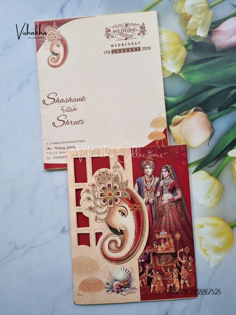 Semi Box Dulah Dulhan Double Door Hindu Cream And Multicolor Colored wedding invitation Cards NA-1125-46