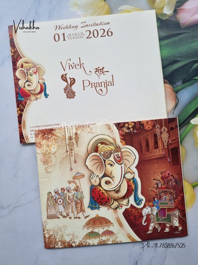 Barat Semi Box Hathi Ganesh Ji Double Door Hindu Yellow And Brown Colored wedding invitation Cards NA-1125-25