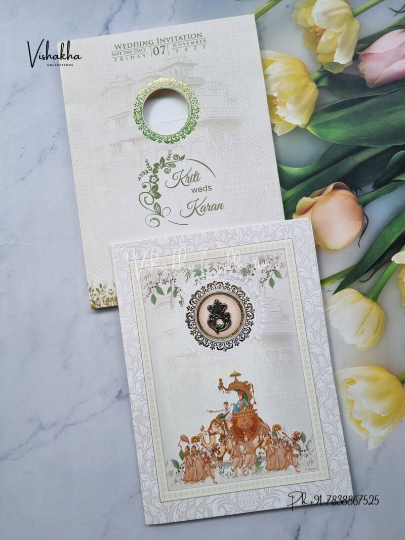 Barat Semi Box Hindu Cream Light Brown Colored wedding invitation Cards NA-1125-146