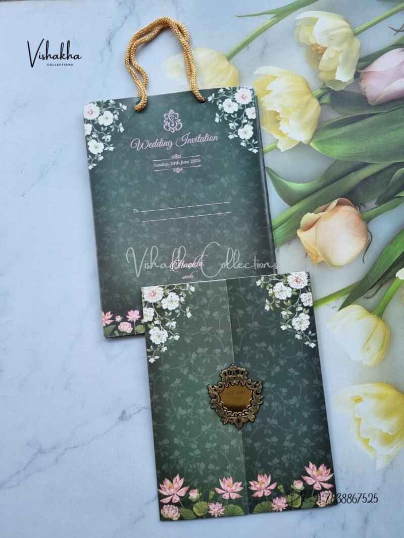 Flower Double Door Hindu Muslim Christian Sikh Carry Bag Colored invitation Cards CC-3649
