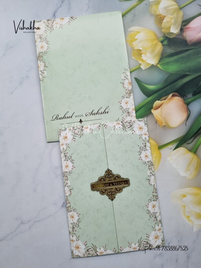 Flower Double Door Hindu Muslim Christian Sikh pista green Colored invitation Cards SK-3413