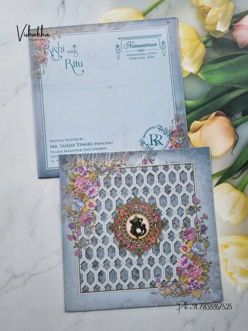 Flower Hindu Muslim Christian Jain Sikh Blue Colored wedding invitation Cards NA-1125-191