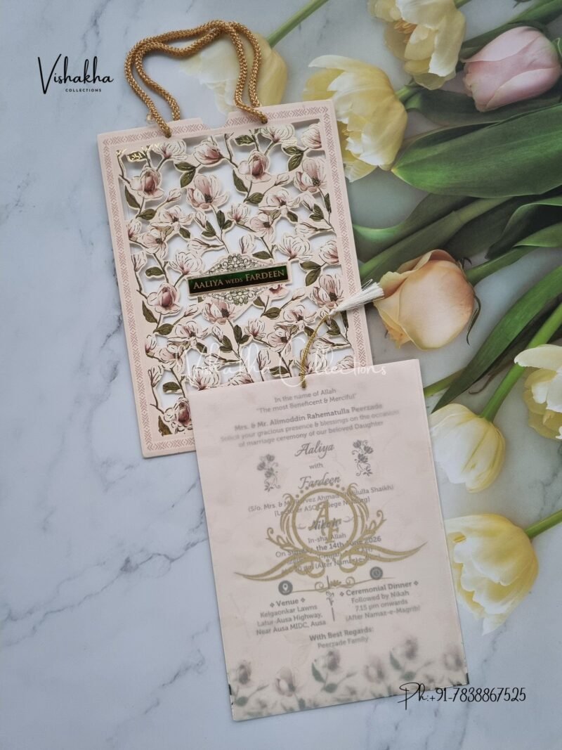 Flower Hindu Muslim Christian Sikh Laser Cut Carry Bag Vellum Paper invitation Cards VN-635