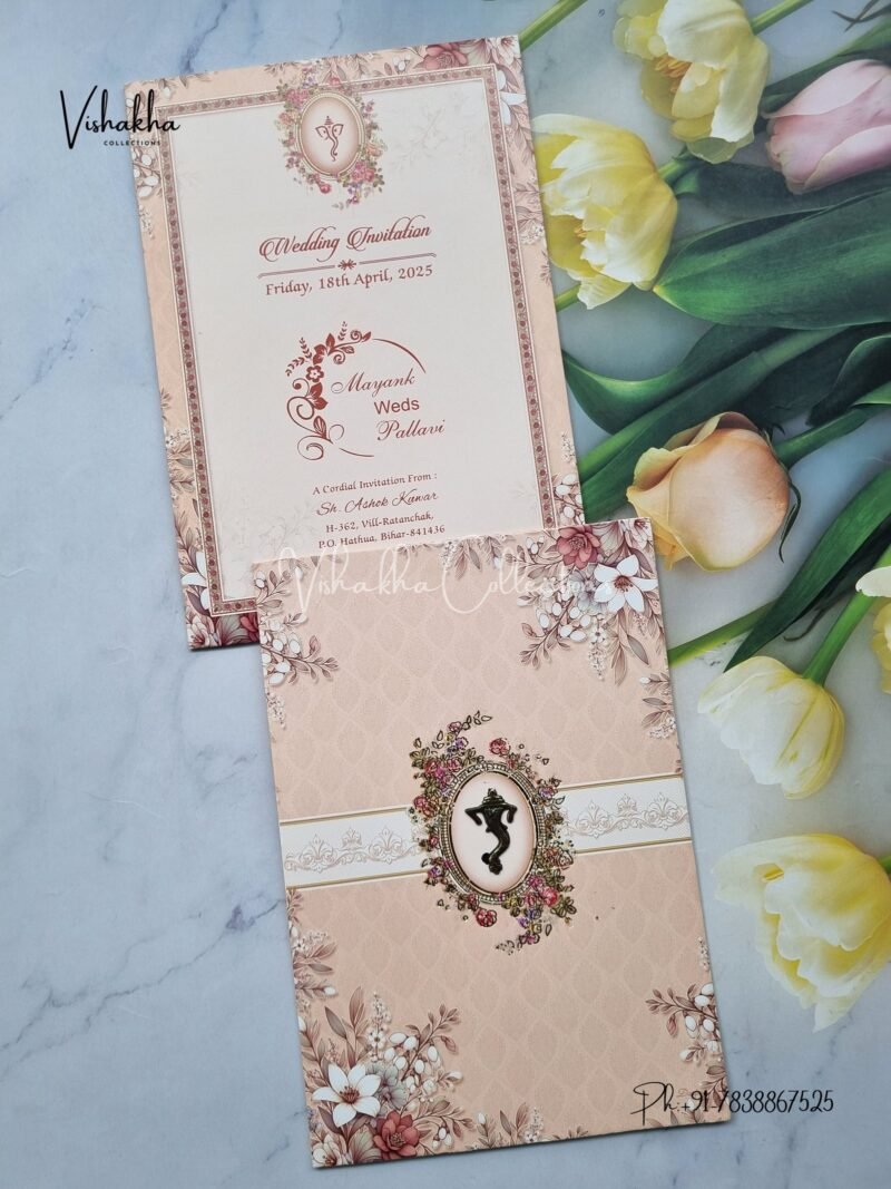 Flower Hindu Muslim Christian Jain Sikh Light Brown Colored wedding invitation Cards NA-1125-128