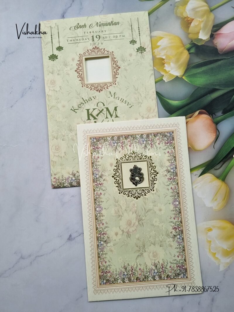 Flower Hindu Muslim Christian Jain Sikh Light Green Colored wedding invitation Cards NA-1125-169