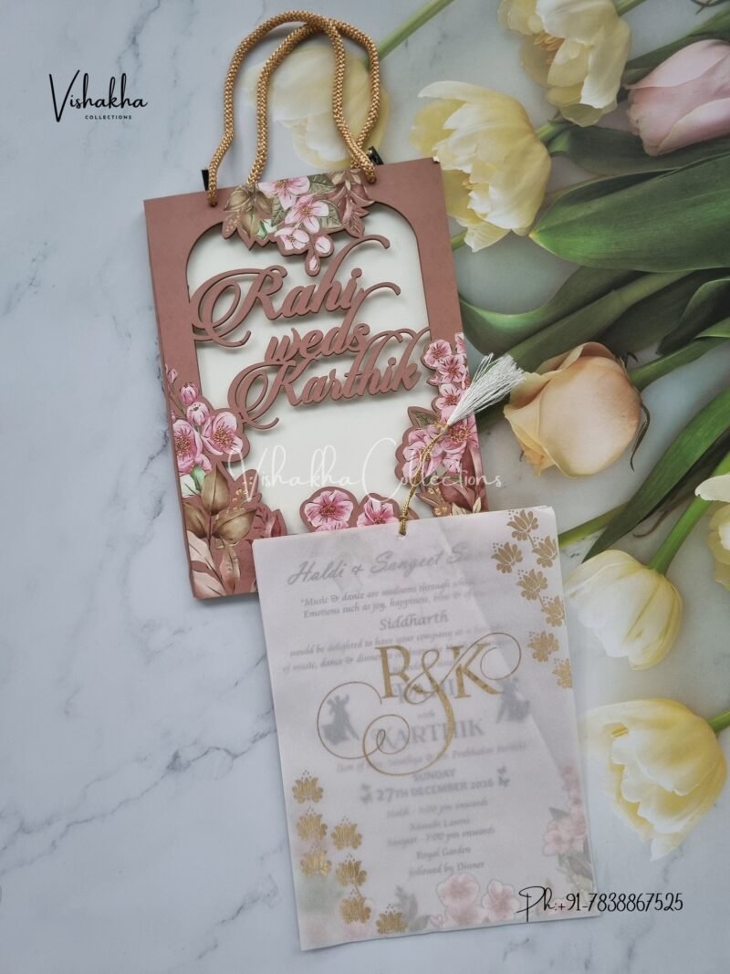 Flower Hindu Muslim Christian Sikh MDF Board Laser Cut Named MDF Laser Cut Carry Bag invitation Cards VN-636