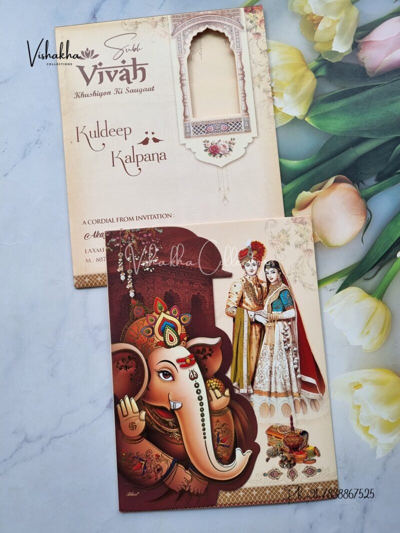 Ganesh Ji Dulah Dulhan Hindu Brown Colored wedding invitation Cards NA-1125-59
