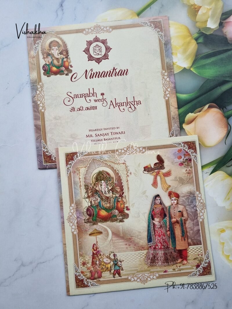 Ganesh Ji Dulah Dulhan Hindu Greyish Brown Colored wedding invitation Cards NA-1125-189