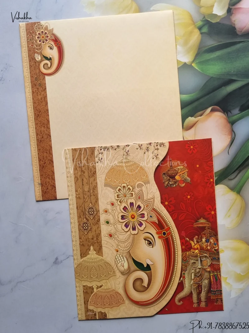 Ganesh Ji Dulah Dulhan Hindu Light Brown And Red Colored wedding invitation Cards GS-5033