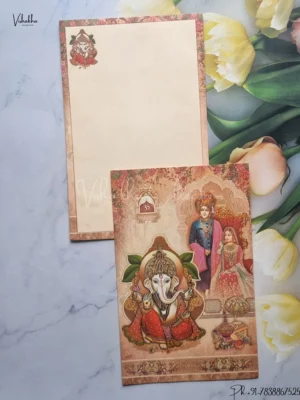 Ganesh Ji Dulah Dulhan Hindu Light Brown Colored wedding invitation Cards GS-5001