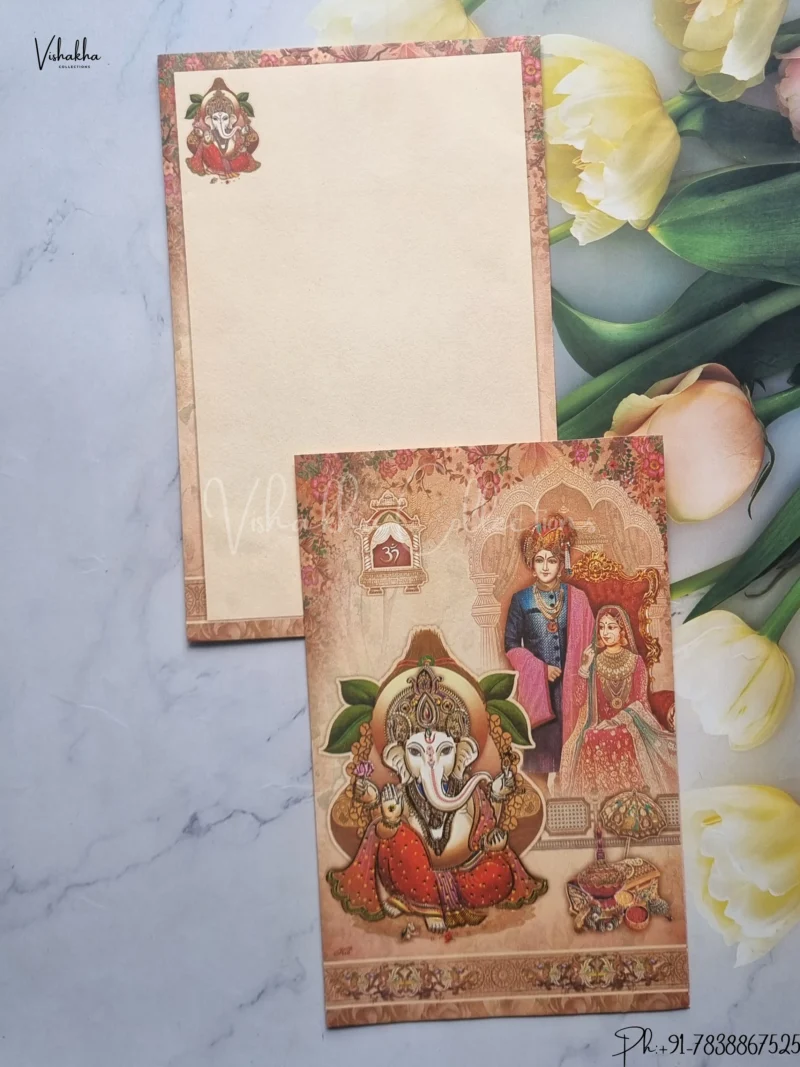 Ganesh Ji Dulah Dulhan Hindu Light Brown Colored wedding invitation Cards GS-5001