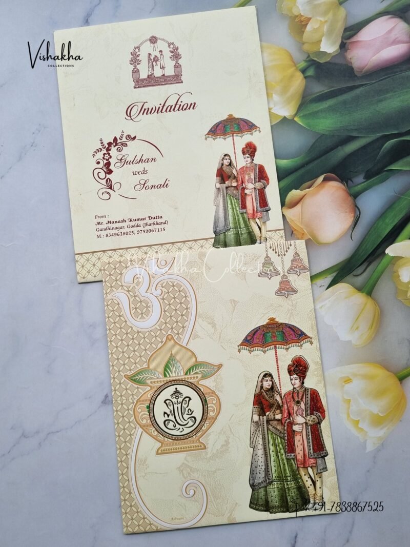 Ganesh Ji Dulah Dulhan Hindu Light Yellow Colored wedding invitation Cards NA-1125-153