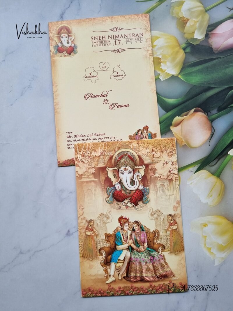 Ganesh Ji Dulah Dulhan Hindu Light Yellow Colored wedding invitation Cards NA-1125-31
