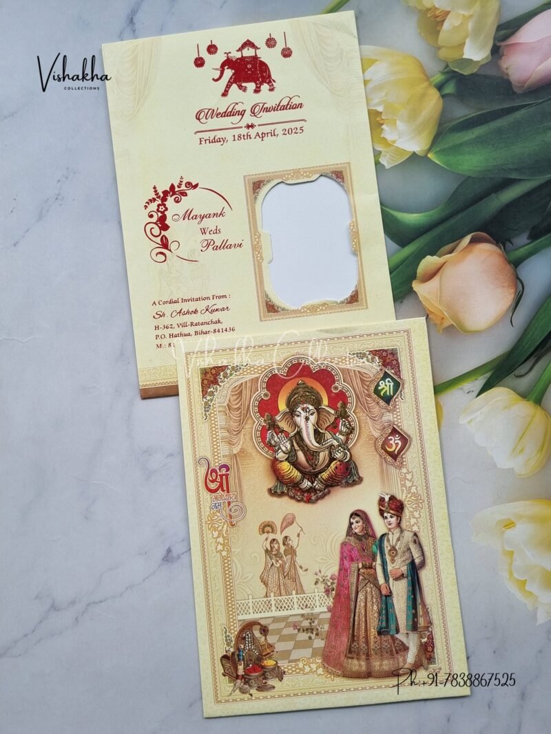 Ganesh Ji Dulah Dulhan Hindu Light Yellow Colored wedding invitation Cards NA-1125-66