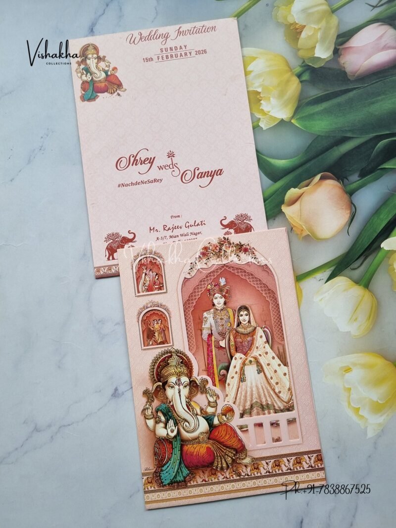 Ganesh Ji Dulah Dulhan Hindu Pink Colored wedding invitation Cards NA-1125-27