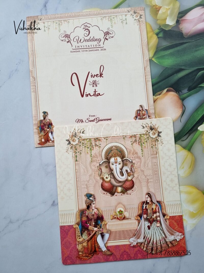 Ganesh Ji Dulah Dulhan Hindu Pink and Brown Colored wedding invitation Cards NA-1125-22