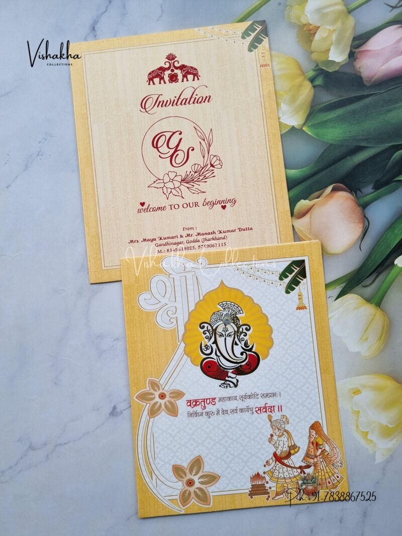 Ganesh Ji Dulah Dulhan Hindu Yellow Colored wedding invitation Cards NA-1125-106