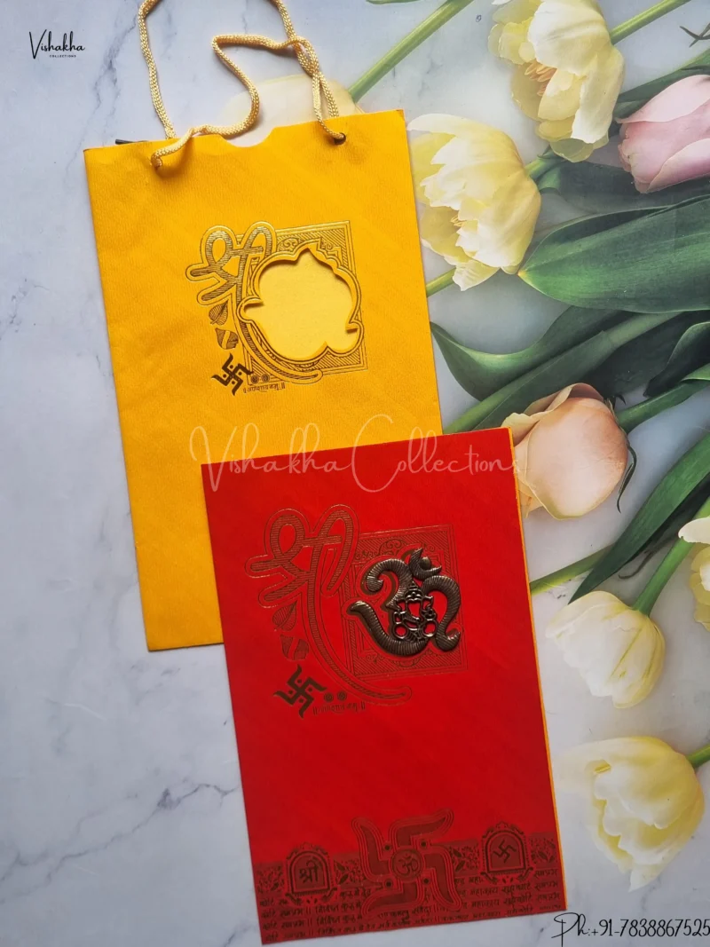 Ganesh Ji Hindu Carry Bag Red And Yellow Colored wedding invitation Cards GS-6