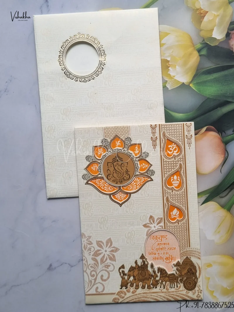 Ganesh Ji Hindu Cream And Orange Colored wedding invitation Cards GS-130