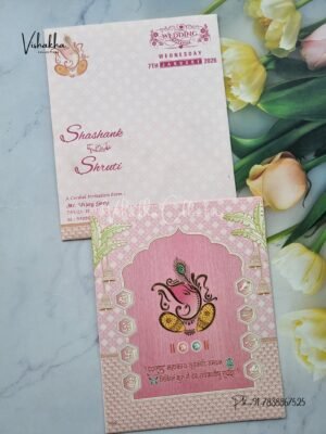 Ganesh Ji Hindu Pink Colored wedding invitation Cards NA-1125-98