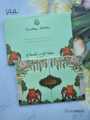 Hathi Double Door Hindu Sikh Padded Colored invitation Cards CC-3671