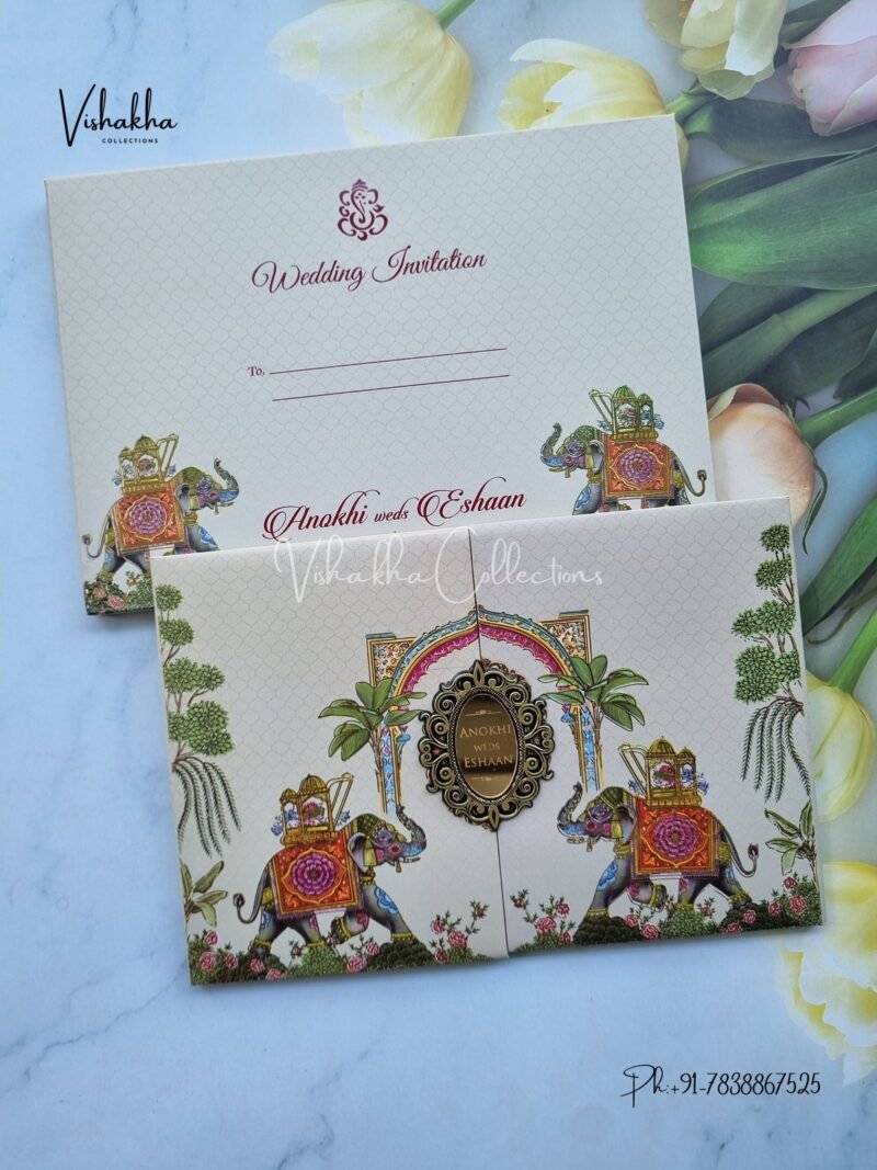 Hathi Double Door Hindu Sikh Padded Colored invitation Cards CC-3674