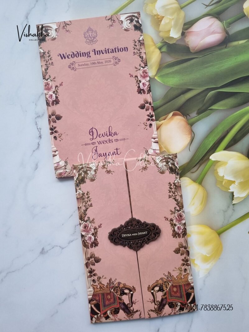Hathi Double Door Hindu Sikh Padded invitation Cards VN-743