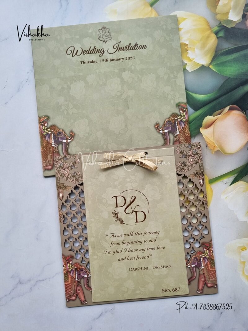 Hathi Dulah Dulhan Hindu Sikh MDF Board Laser Cut Colored invitation Cards LN-687